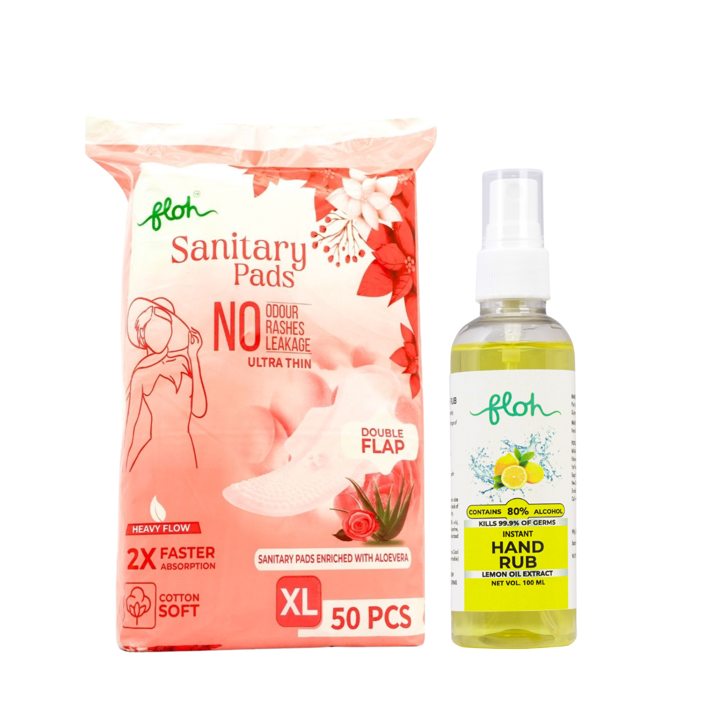 FLOH Cottony Soft Sanitary Pad XL (Pack of 50) + Hand Sanitizer Spray Lemon (Pack of 2) Combo