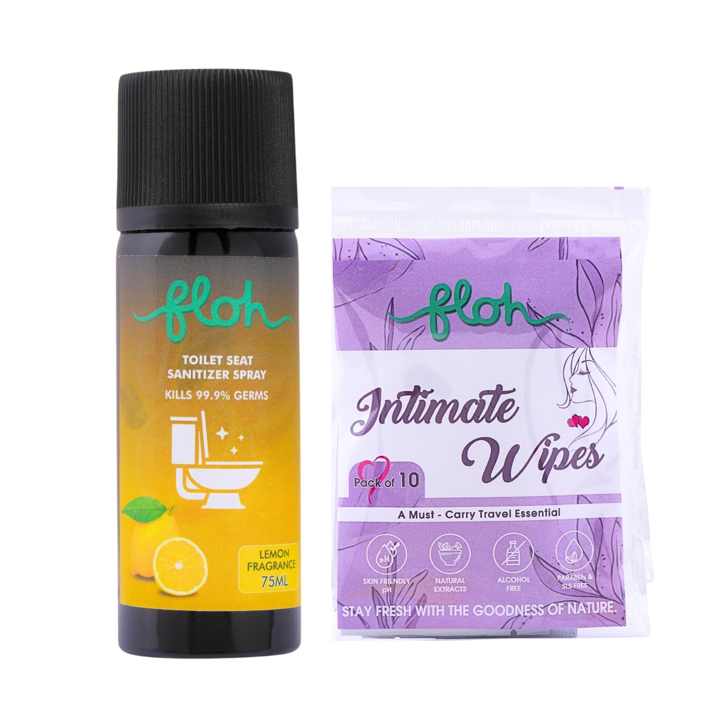 FLOH Toilet Seat Sanitizer Spray (Lavender) + Intimate Wipes (Lemon) Combo