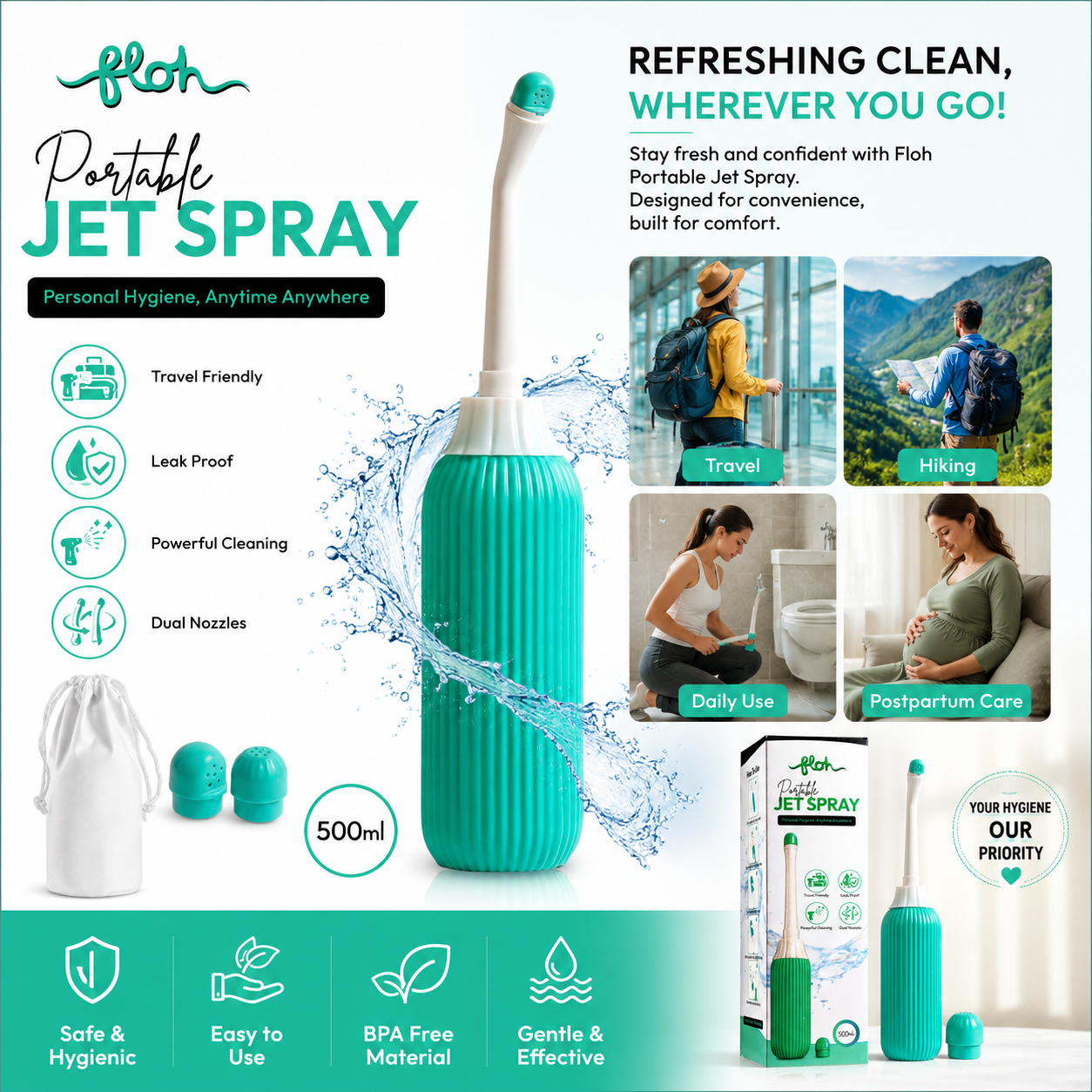 FLOH Portable Jet Spray for Personal Hygiene (500ml) | Travel Bidet Bottle for Toilet | Leak Proof Handheld Jet Spray