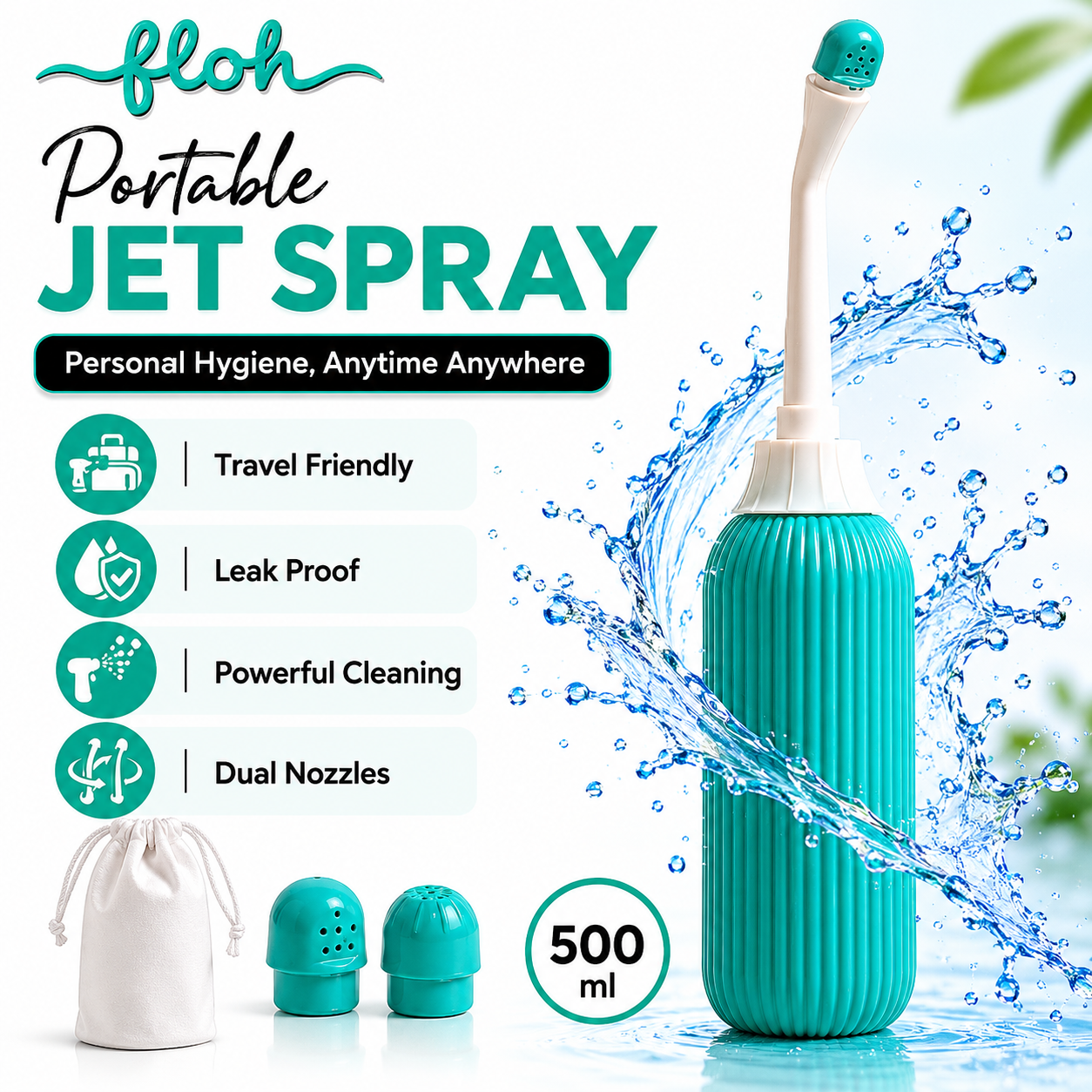 FLOH Portable Jet Spray for Personal Hygiene (500ml) | Travel Bidet Bottle for Toilet | Leak Proof Handheld Jet Spray