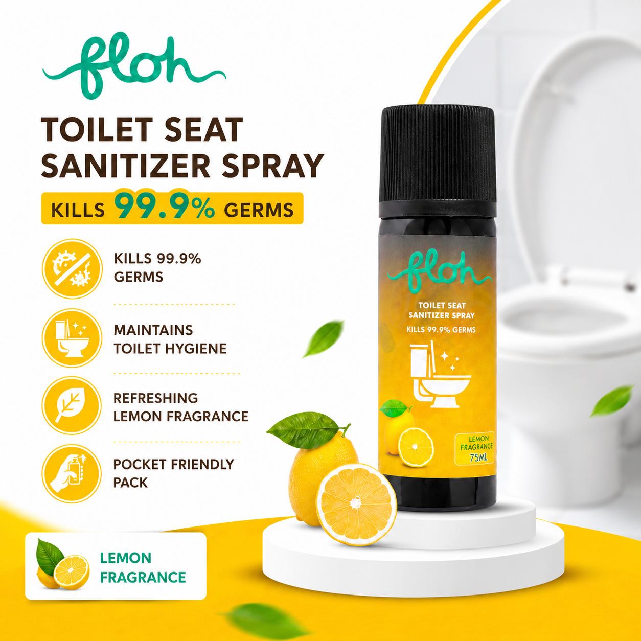 FLOH Toilet Seat Sanitizer Spray 75ml Lemon (Pack of 2) | Kills 99.9% Germs | Helps Reduce Risk of UTI & Infections | Anti-Odour | Quick Dry | Travel Friendly Hygiene Spray for Women