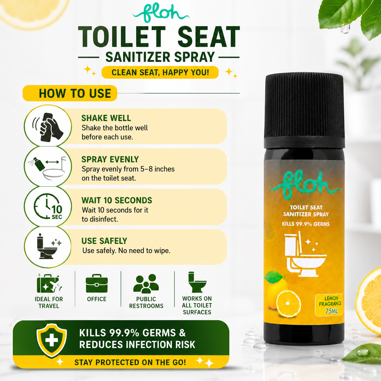 FLOH Toilet Seat Sanitizer Spray 75ml Lemon (Pack of 2) | Kills 99.9% Germs | Helps Reduce Risk of UTI & Infections | Anti-Odour | Quick Dry | Travel Friendly Hygiene Spray for Women